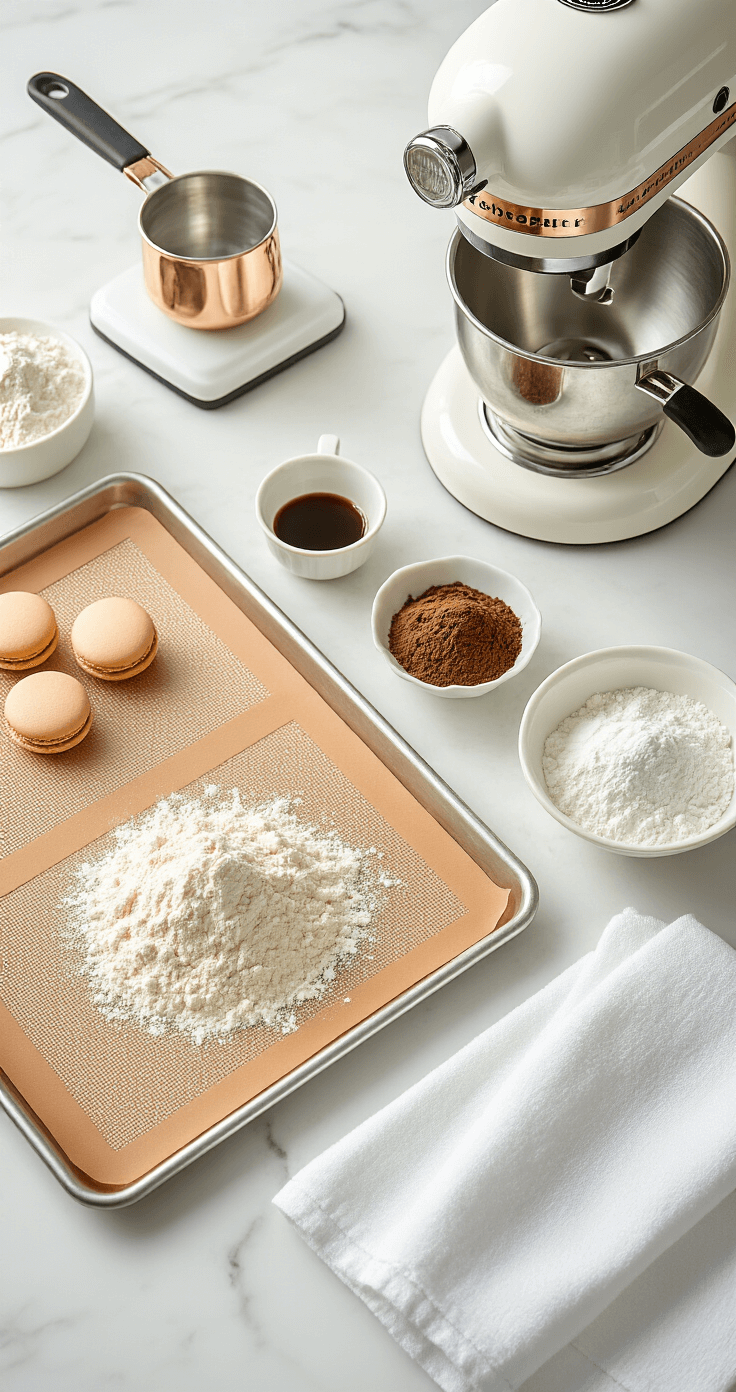 Coffee Macarons: The Only Recipe You'll Ever Need An overhead view of a pristine kitchen workspace featuring baking equipment including a kitchen scale, silicone mats on metal sheets, a stand mixer, porcelain bowls of sifted almond flour and powdered sugar, and espresso powder in a vintage glass container, illuminated by soft natural light on a marble countertop.