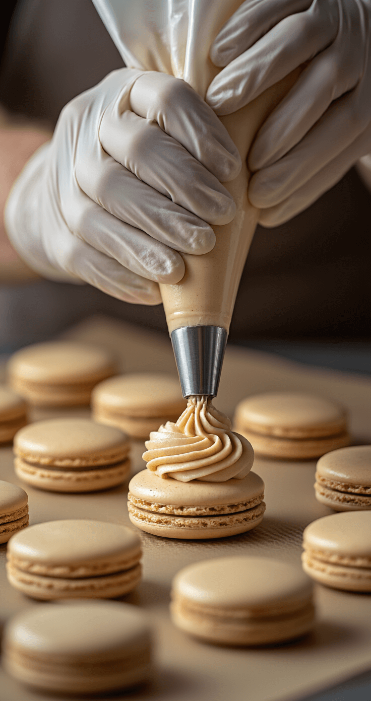 Coffee Macarons: The Only Recipe You'll Ever Need Professional chef's hands in white gloves piping coffee-colored macaron circles with precision on a silicone baking mat, showcasing delicate batter consistency and meringue ribbons, with soft-focus kitchen background and dramatic side lighting highlighting the technique.