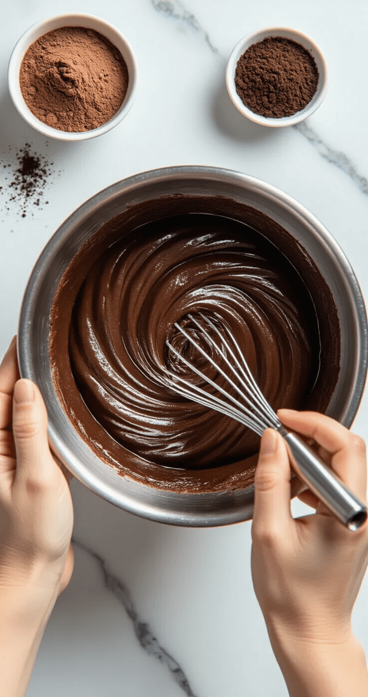 Peppermint Mocha Cupcakes: Rich Chocolate, Bold Coffee, Fresh Mint Close-up of a baker's hands mixing dark chocolate cupcake batter in a stainless steel bowl, with cocoa powder and coffee granules illuminated by soft light, set against a white marble countertop.