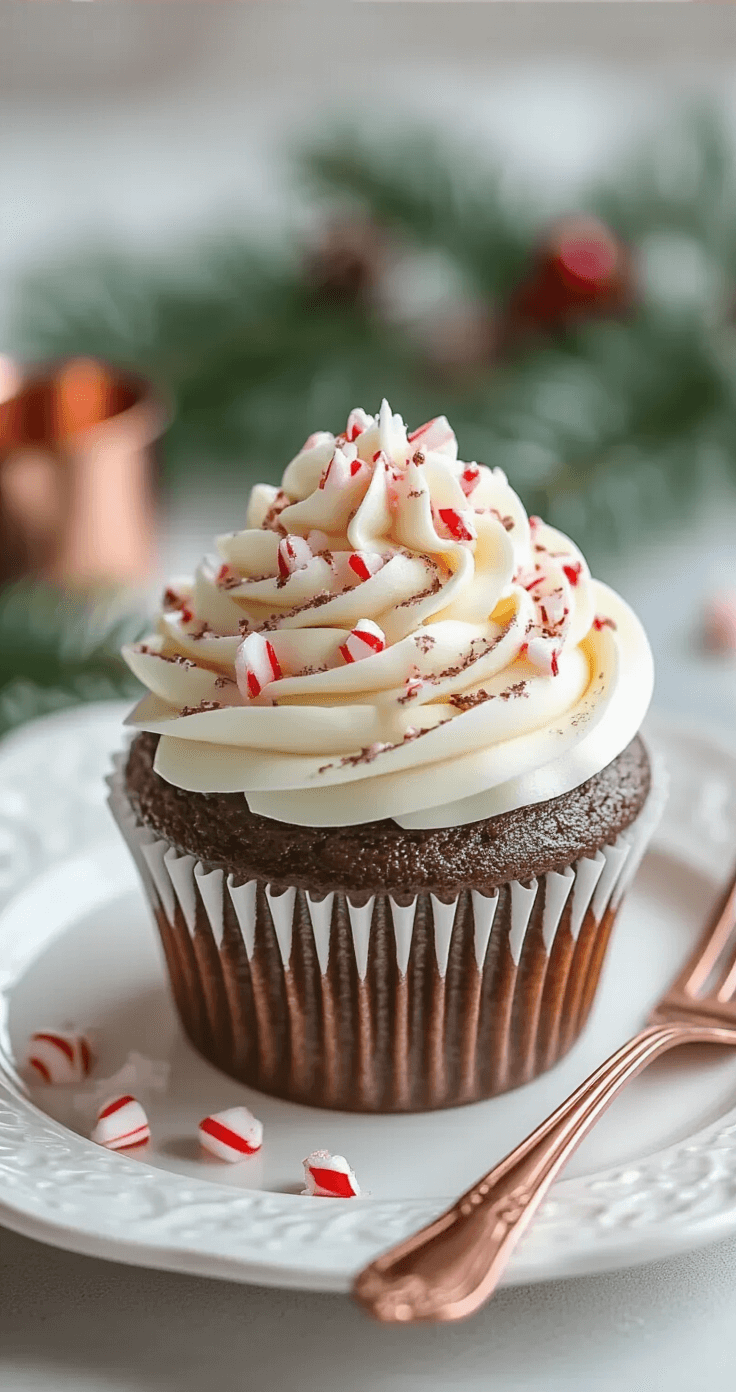 Peppermint Mocha Cupcakes: Rich Chocolate, Bold Coffee, Fresh Mint Elegantly styled peppermint mocha cupcake with white frosting and crushed candy cane on a vintage porcelain plate, drizzled with chocolate, softly lit with a blurred holiday backdrop.