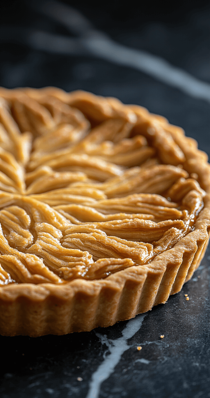 Caramel Espresso Tart: Rich Coffee-Chocolate Dessert with Salted Caramel Ultra-detailed close-up of a golden flaky tart crust with intricate texture and soft side lighting, against a dark marble countertop, highlighting its buttery layers and granulated flour.