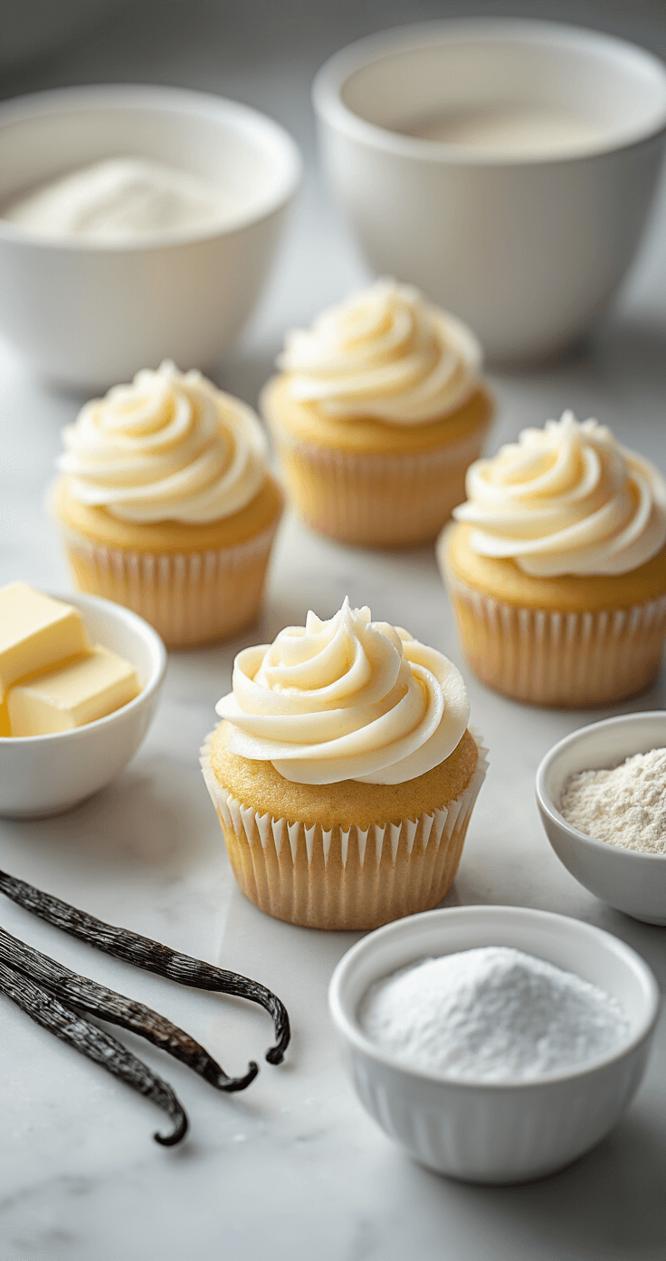 Vanilla Latte Cupcakes: Your Coffee Shop Favorite in Cake Form Ultra-detailed image of cupcake ingredients on a marble countertop including fresh vanilla bean, room temperature butter, flour, and sugar in white ceramic mixing bowls, illuminated by soft natural light.