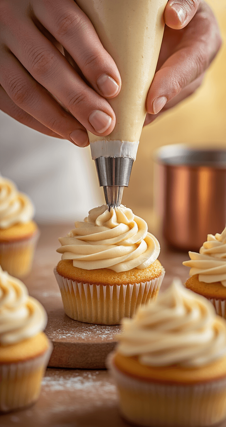 Vanilla Latte Cupcakes: Your Coffee Shop Favorite in Cake Form Close-up of a pastry chef piping espresso buttercream onto vanilla cupcakes, with warm lighting and copper kitchen tools in the blurred background.
