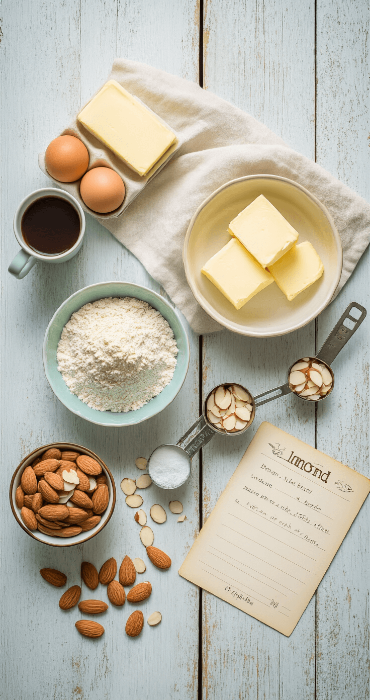 Almond Coffee Cake Recipe That'll Make Your Kitchen Smell Like Heaven Overhead view of a rustic kitchen counter featuring baking ingredients like almond flour, fresh eggs, and softened butter, surrounded by measuring cups, a pale blue mixing bowl, sliced almonds, and a worn recipe card, all bathed in soft morning light.