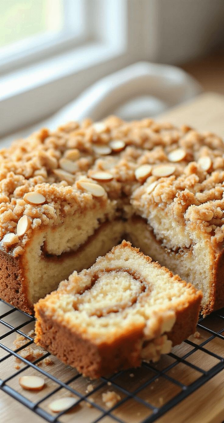 Almond Coffee Cake Recipe That'll Make Your Kitchen Smell Like Heaven Freshly baked almond coffee cake with a golden-brown streusel topping on a cooling rack, featuring sliced almonds and a slice revealing moist crumb with cinnamon swirls, in a warm kitchen setting.
