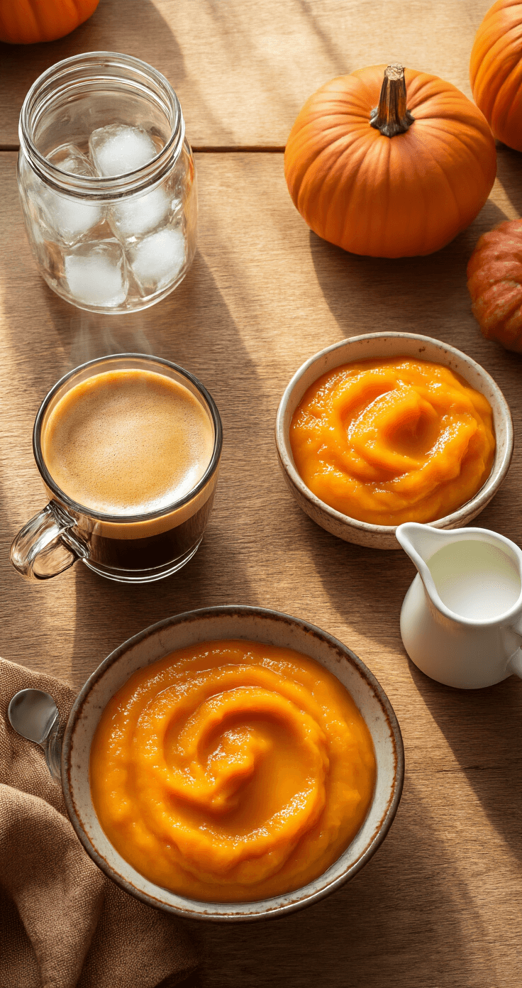 Iced Pumpkin Latte: The 5-Minute Fall Drink That Beats Starbucks Cinematic overhead shot of a rustic kitchen counter featuring espresso, pumpkin puree, ice cubes, a vintage milk pitcher, and warm autumn sunlight, all styled in a warm amber and burnt orange palette.