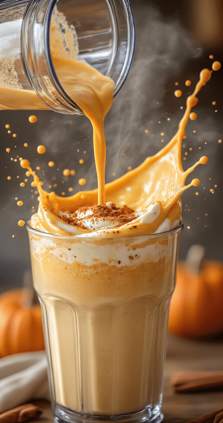 Iced Pumpkin Latte: The 5-Minute Fall Drink That Beats Starbucks Dynamic shot of a high-speed blender blending a pumpkin latte, with ingredients suspended mid-motion and steam rising, set against a softly focused warm kitchen background.