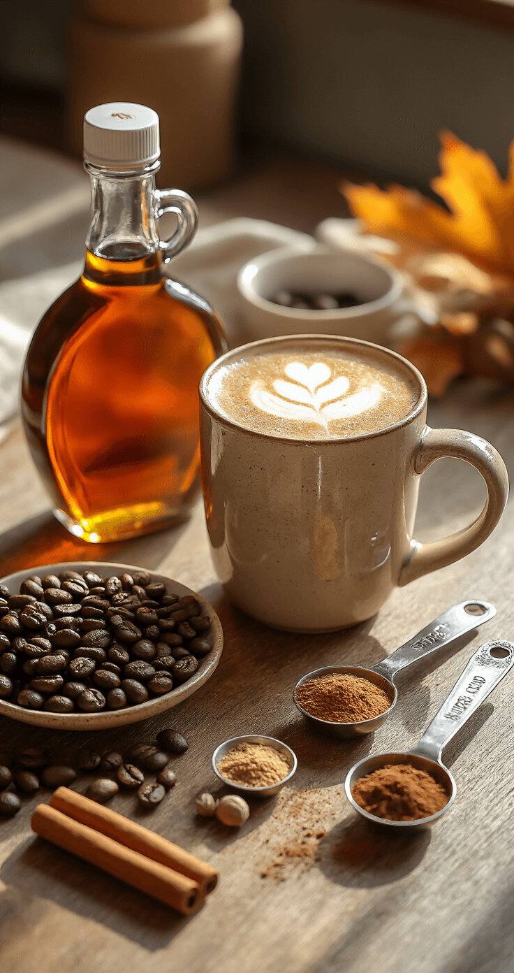 Spiced Maple Latte: Your New Fall Obsession (That Takes 5 Minutes) A rustic kitchen countertop with ingredients for a spiced maple latte: an amber glass bottle of real maple syrup, fresh coffee beans, whole cinnamon sticks, ground nutmeg, measuring spoons, and a ceramic mug, all bathed in soft morning light with warm autumn colors.