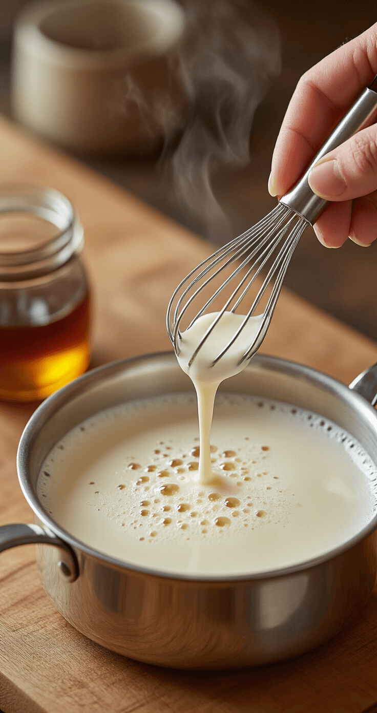 Spiced Maple Latte: Your New Fall Obsession (That Takes 5 Minutes) Close-up of hands frothing milk with a small whisk in a stainless steel saucepan, steam rising as creamy foam forms, with a wooden counter, shot of espresso, and maple syrup jar nearby in soft, natural light.
