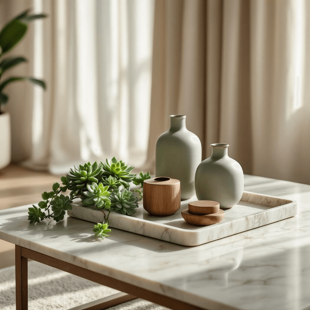 How to Style a Square Coffee Table Like a Design Pro (Without Breaking the Bank) Ultra-detailed photorealistic image of a square coffee table styled with a marble tray, ceramic vases, and wooden objects, accented by a trailing succulent plant. Soft morning light filters through linen curtains, creating gentle shadows in a minimalist living room with a neutral color palette of cream, sage green, and warm wood tones.