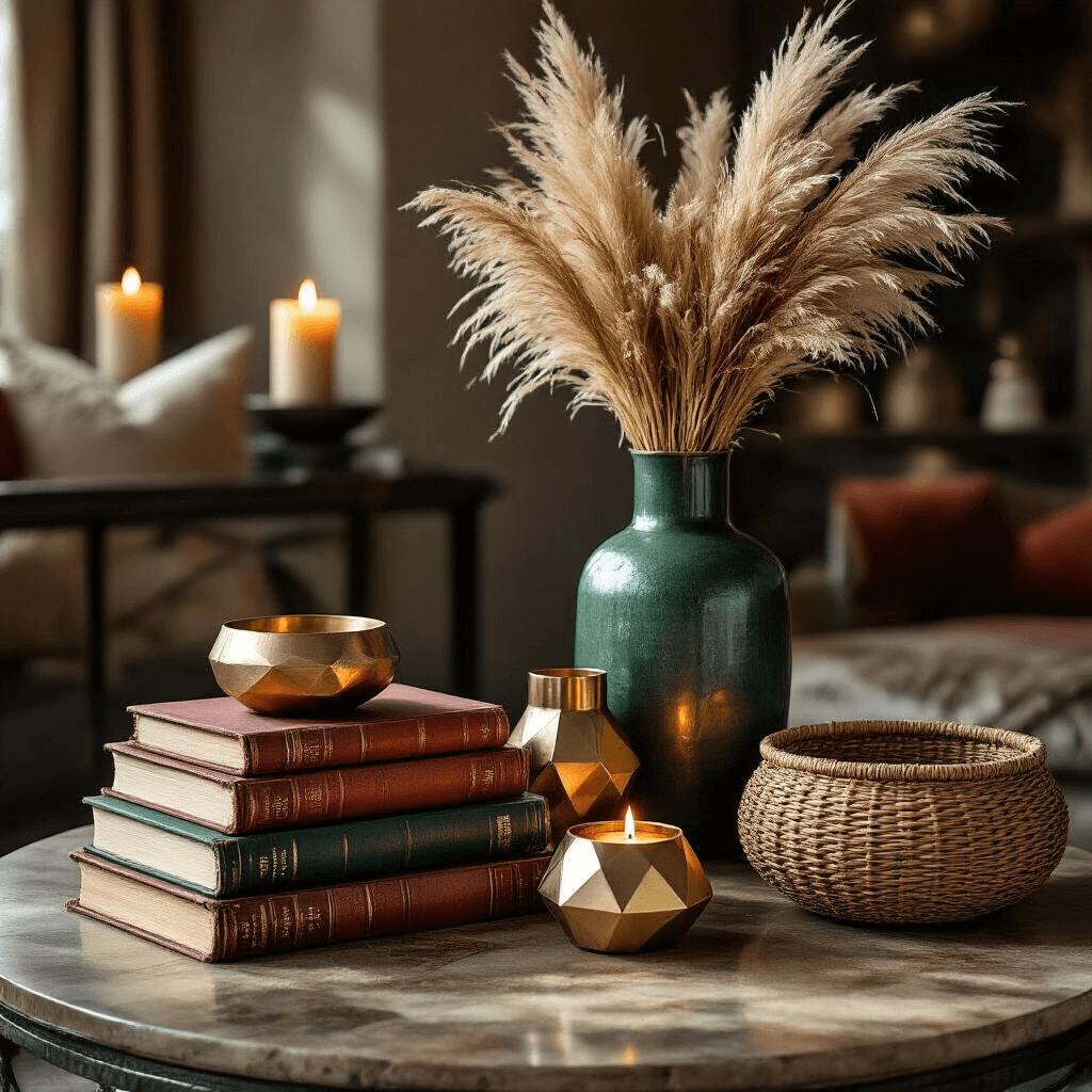 How to Style a Square Coffee Table Like a Design Pro (Without Breaking the Bank) Luxurious coffee table styled with vintage books, metallic geometric vessels, and dried pampas grass in a tall ceramic vase, accompanied by a woven basket; featuring a rich jewel-toned color palette of deep terracotta, emerald green, and burnished gold accents, all softly illuminated by candlelight.