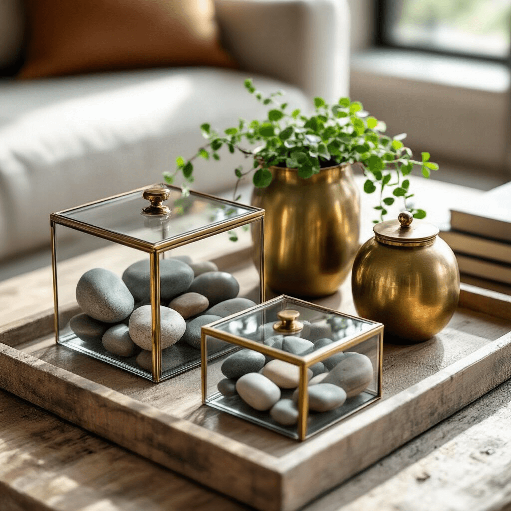 How to Style a Square Coffee Table Like a Design Pro (Without Breaking the Bank) A close-up shot of a modern coffee table vignette featuring glass curiosity boxes, arranged river stones, vintage brass objects, and a small trailing plant. Natural light accentuates the reflections in the glass and the textures of the materials, all set in a neutral color scheme with metallic accents.