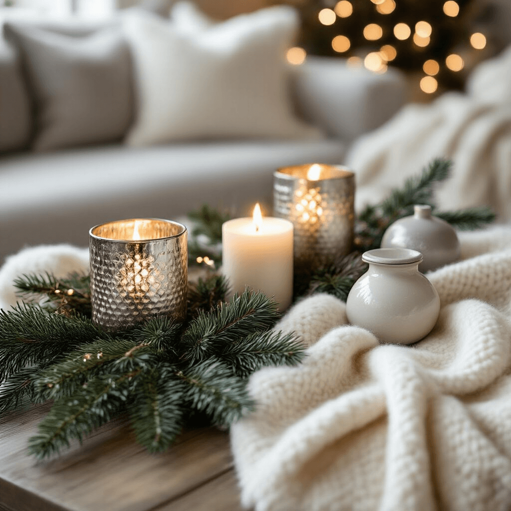How to Style a Square Coffee Table Like a Design Pro (Without Breaking the Bank) A cozy winter coffee table arrangement with evergreen branch snippets, metallic candle holders, a soft cream wool throw, and minimal ceramic objects, illuminated by soft fairy lights in a muted silver and white color palette.