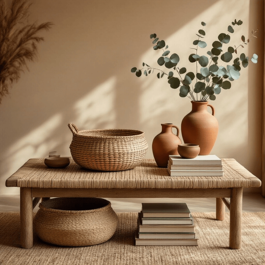 How to Style a Square Coffee Table Like a Design Pro (Without Breaking the Bank) Bohemian-inspired coffee table arrangement featuring a woven basket, varied-height ceramic vessels, dried eucalyptus, and stacked art books in warm terracotta and sage hues, enhanced by golden hour lighting casting soft shadows.