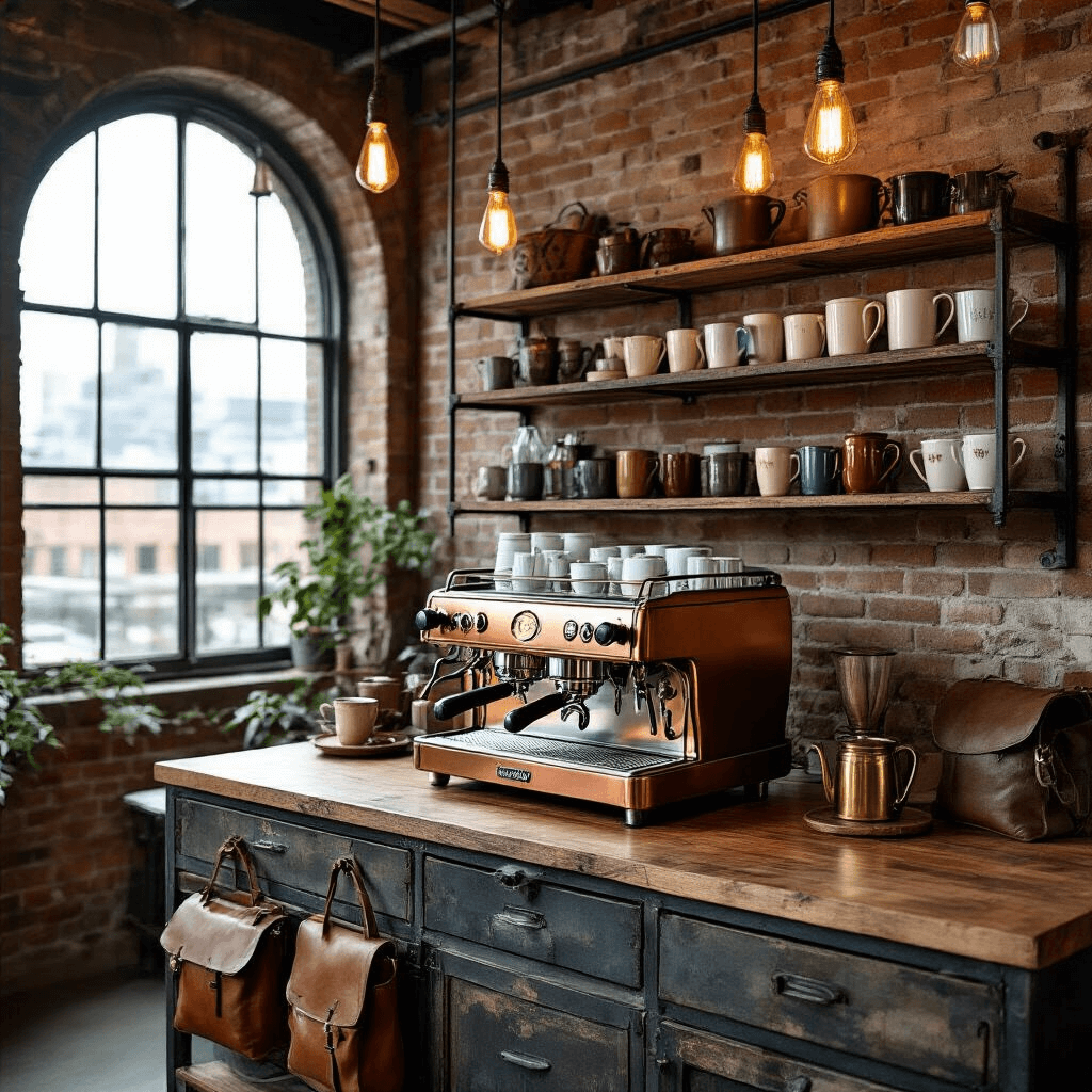 The Ultimate Guide to Creating an Instagram-Worthy Coffee Bar Aesthetic That Actually Works Industrial-style coffee station in a loft featuring exposed brick walls, a vintage copper espresso machine on reclaimed wood, eclectic vintage mugs on cast iron shelves, Edison bulb lighting, and leather storage bags for coffee beans.