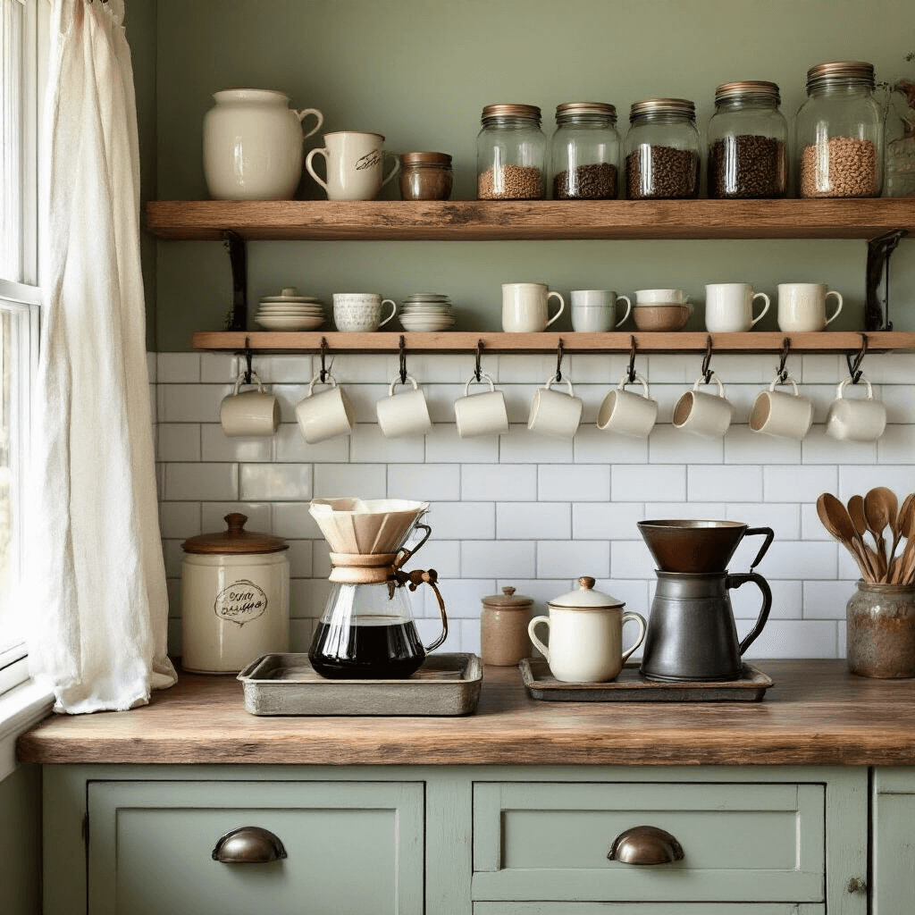 The Ultimate Guide to Creating an Instagram-Worthy Coffee Bar Aesthetic That Actually Works A cozy farmhouse-inspired coffee bar in a kitchen corner with reclaimed wood shelving, white subway tile, vintage mason jars, a manual pour-over setup, a ceramic coffee canister, antique brass measuring spoons, sage green walls, mismatched vintage mugs, and morning light filtering through sheer linen curtains.