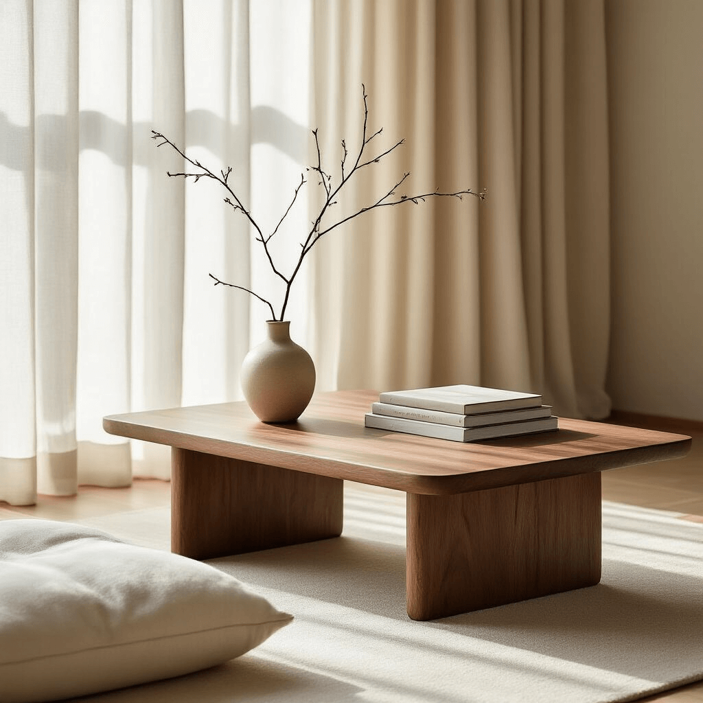 Japandi Coffee Tables: Your Gateway to Zen-Meets-Hygge Living Ultra-minimalist Japandi living room with walnut coffee table, sheer linen curtains, a ceramic vase with a branch, and a stack of design books, featuring soft golden hour lighting and serene pale sage and warm wood tones.