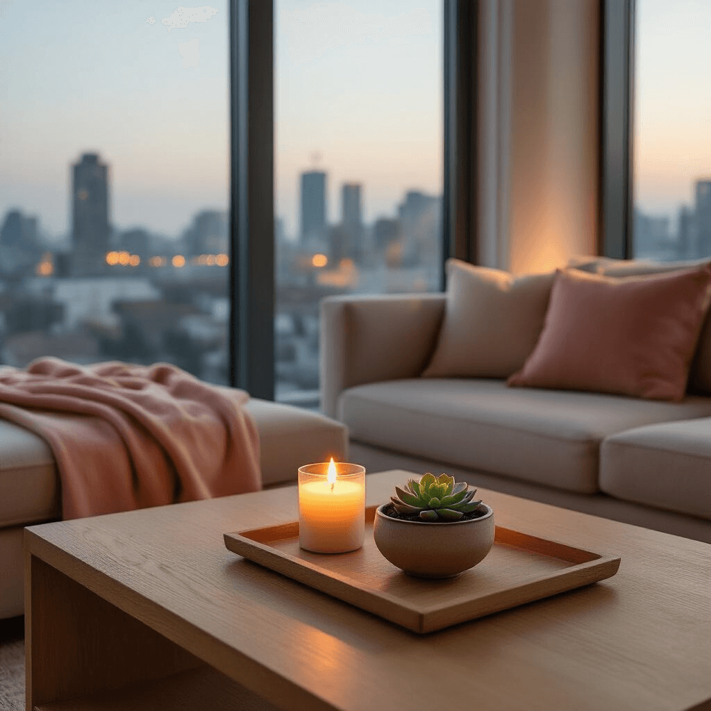 Japandi Coffee Tables: Your Gateway to Zen-Meets-Hygge Living Intimate evening scene of a compact apartment with a rectangular ash wood Japandi coffee table illuminated by soft candlelight, featuring a ceramic bowl and a succulent. Blush-toned linen throws are draped over a minimalist sofa, with large windows showcasing a softly blurred city skyline. Overhead lighting casts gentle shadows, enhancing the wood grain and clean lines of the furniture in a muted terracotta and soft gray color palette.