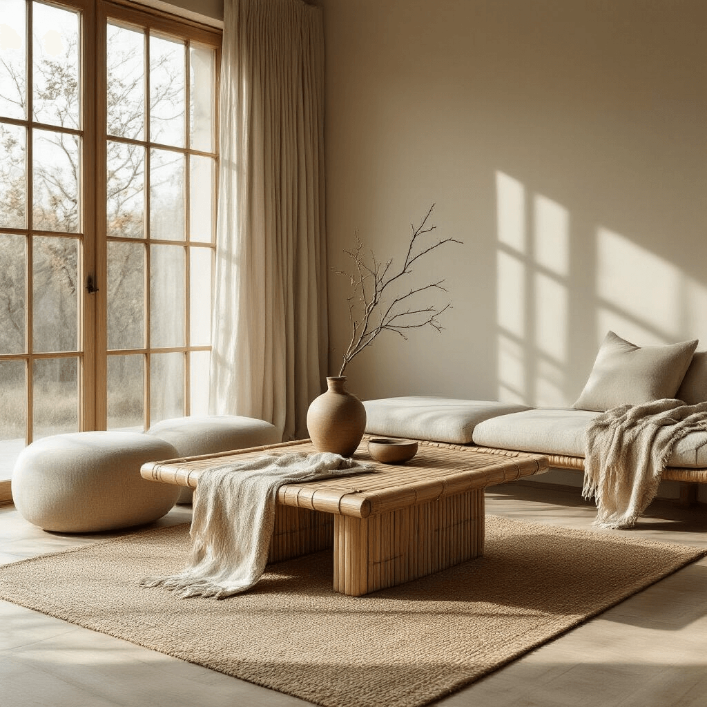 Japandi Coffee Tables: Your Gateway to Zen-Meets-Hygge Living A rustic-meets-modern Japandi living area featuring a low bamboo coffee table on a natural jute rug, bathed in soft morning light from floor-to-ceiling windows, highlighting light ash wood floors. The space includes a handwoven textile runner, a vintage ceramic vase with a dried branch, and minimalist seating in a calm neutral palette of sage green, warm beige, and soft whites, creating a serene atmosphere.
