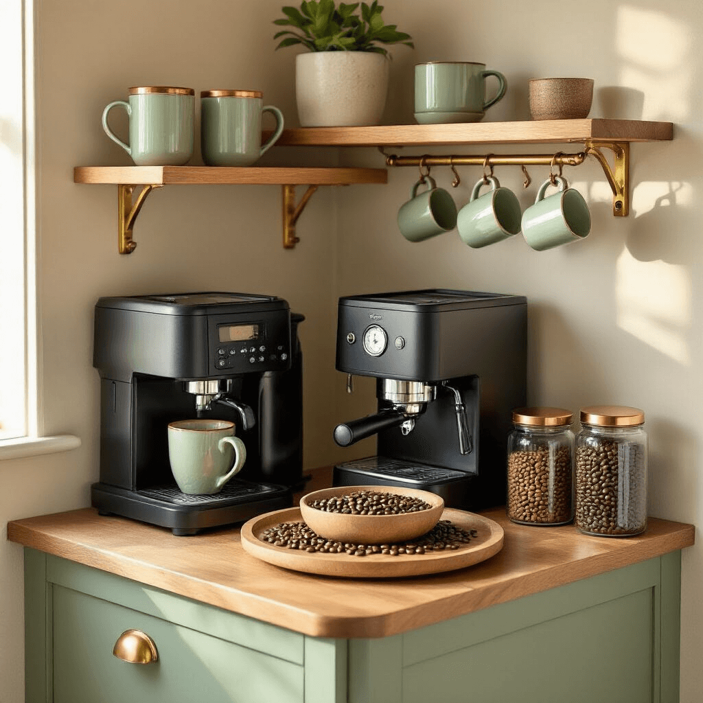 Small Space Coffee Station Ideas That Actually Work (No Counter Hogging Required) Photorealistic overhead view of a compact corner coffee station under warm golden hour lighting, showcasing a two-tier soft sage green wooden shelf, vintage brass hooks with ceramic mugs, a matte black espresso machine, and a lazy susan with coffee beans in glass containers with copper lids, featuring natural textures and organized styling.