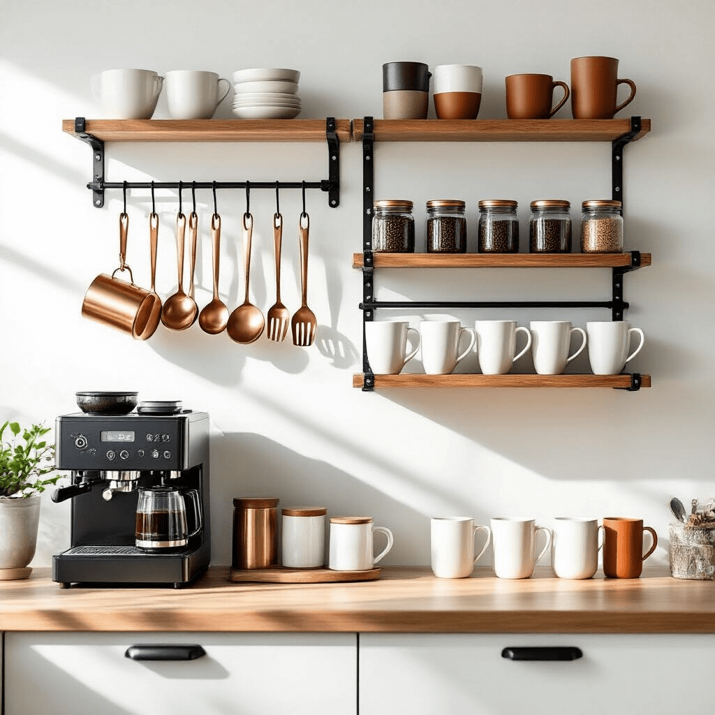Small Space Coffee Station Ideas That Actually Work (No Counter Hogging Required) Cinematic wide-angle shot of a modern coffee station on a white kitchen wall, featuring an industrial-chic matte black pegboard with hanging copper utensils, magnetic spice containers, floating wooden shelves holding white and terracotta mugs, and a compact wall-mounted coffee maker, illuminated by soft natural light.