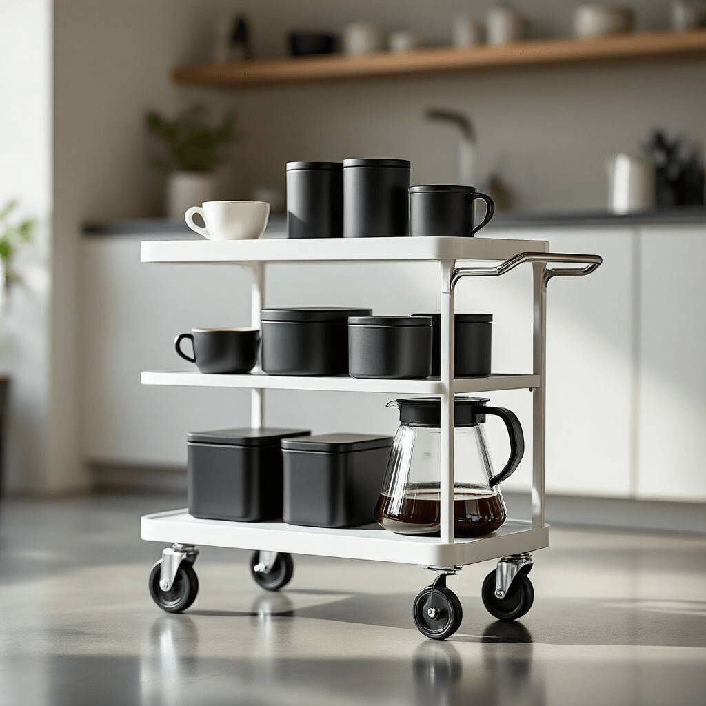 Small Space Coffee Station Ideas That Actually Work (No Counter Hogging Required) An intimate close-up of a slim white rolling coffee cart with brushed steel accents in a modern minimalist kitchen, showcasing matte black storage containers and a compact pour-over setup, illuminated by soft morning light, with locking wheels and a reflection on the polished surface.