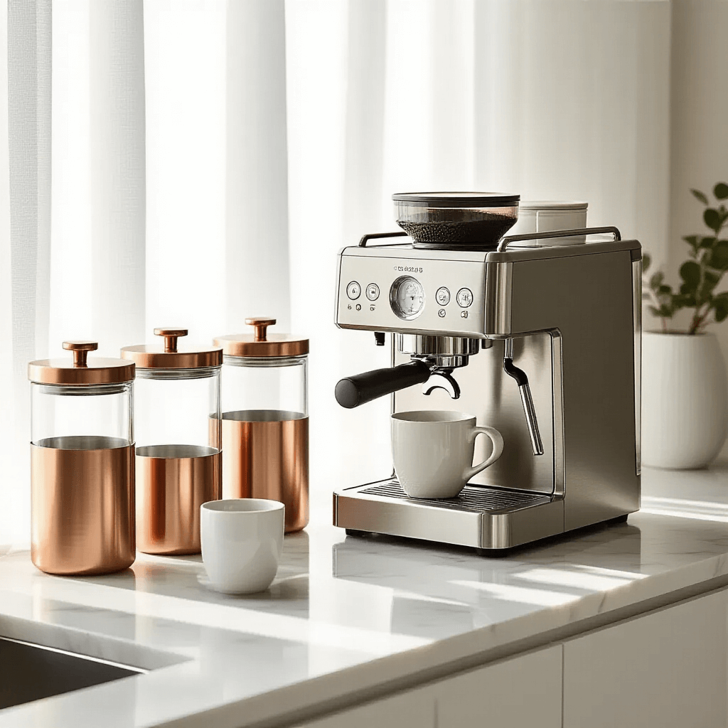 How I Transformed My Morning Chaos Into Coffee Station Bliss (And You Can Too) A minimalist kitchen countertop with a white marble surface, a stainless steel espresso machine, glass canisters with gold lids, copper coffee accessories, and a white ceramic mug, all bathed in soft morning sunlight.