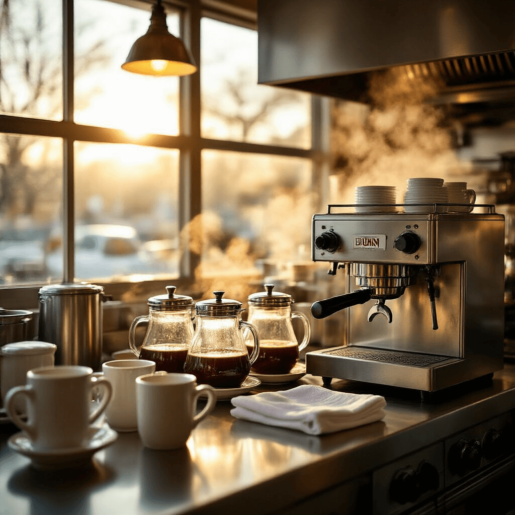 BUNN Commercial Coffee Makers: Your Complete Guide to High-Volume Brewing Excellence Ultra-wide shot of a busy breakfast diner kitchen at dawn, featuring a stainless steel BUNN VPR coffee maker with glass decanters of steaming coffee, illuminated by soft golden light from industrial windows, evoking a warm and inviting atmosphere.