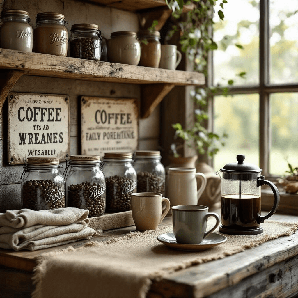 How I Transformed My Morning Chaos Into Coffee Station Bliss (And You Can Too) A cozy farmhouse coffee nook with reclaimed wooden shelves, filled with mason jars of coffee beans, vintage coffee signs, a French press, and mismatched ceramic mugs in earth tones, bathed in soft morning light.