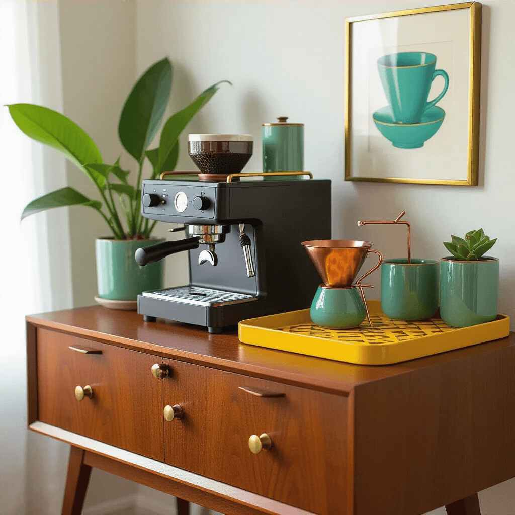 How I Transformed My Morning Chaos Into Coffee Station Bliss (And You Can Too) An elegant midcentury modern coffee station featuring a teak wood sideboard, a mustard yellow geometric-patterned tray with a sleek espresso machine, a bold brass coffee scoop, a copper pour-over stand, and angular ceramic containers in complementary colors, alongside vintage turquoise coffee art in a brass frame and vibrant green plants, captured in a low angle shot.