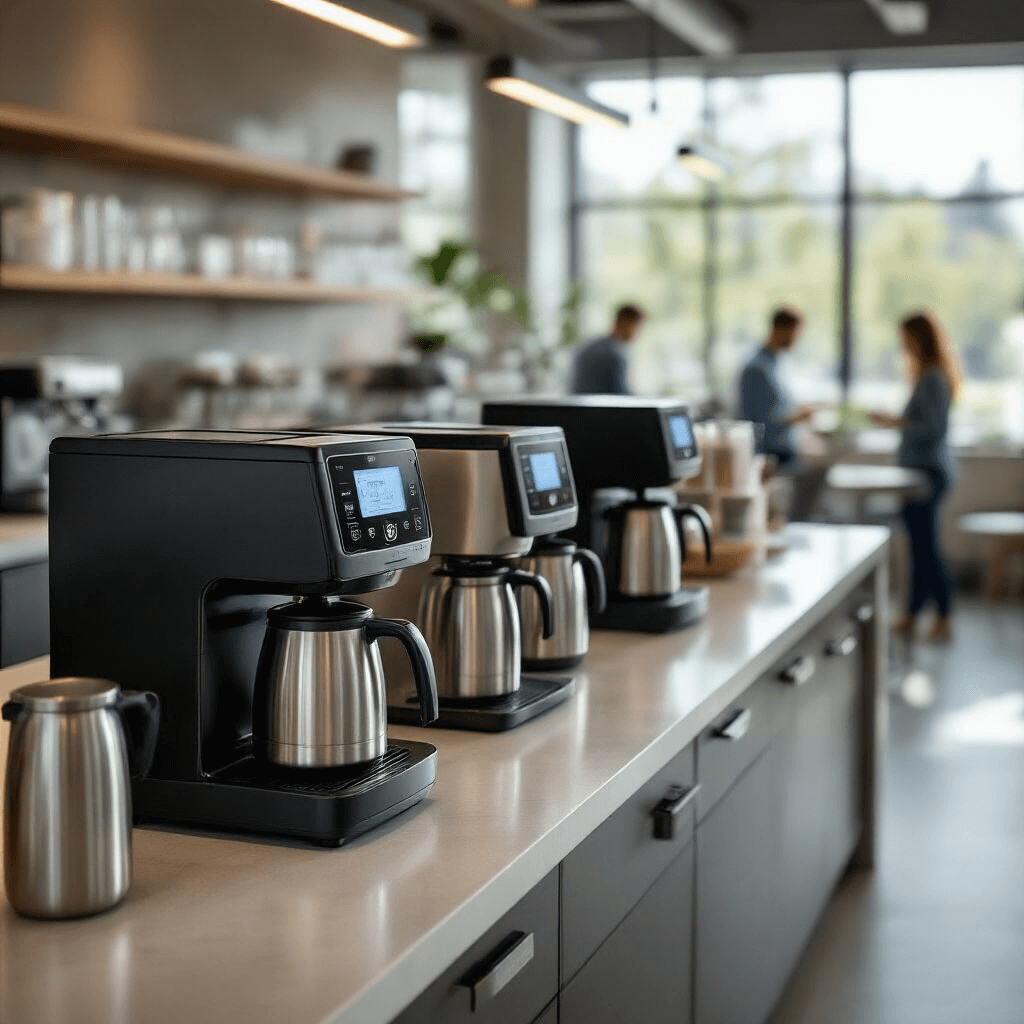 BUNN Commercial Coffee Makers: Your Complete Guide to High-Volume Brewing Excellence Overhead view of a modern office break room featuring BUNN Axiom DV-3 coffee makers, sleek digital displays, stainless steel airpots, and natural light, with blurred workers waiting for coffee.