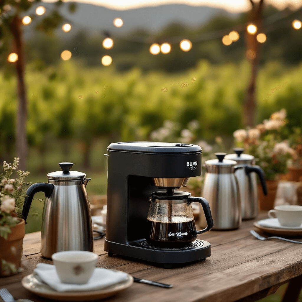 BUNN Commercial Coffee Makers: Your Complete Guide to High-Volume Brewing Excellence A cozy outdoor catering scene featuring a portable BUNN pourover coffee maker on a rustic wooden table adorned with elegant table settings and soft fairy lights. Multiple stainless steel airpots filled with freshly brewed coffee are visible, with a detailed close-up of the compact brewer set against a softly blurred garden or vineyard backdrop, embodying a warm terracotta and sage color palette.