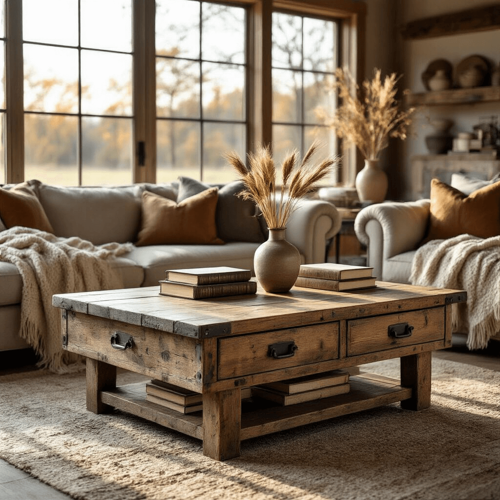 The Ultimate Guide to Farmhouse Coffee Tables: Rustic Charm Meets Modern Living A cozy farmhouse living room bathed in golden hour light, featuring a reclaimed wood coffee table with deep drawers, industrial metal accents, a chunky knit throw, vintage leather-bound books, and a ceramic vase with dried wheat, all set against warm wood surfaces and muted earth-tone furniture.