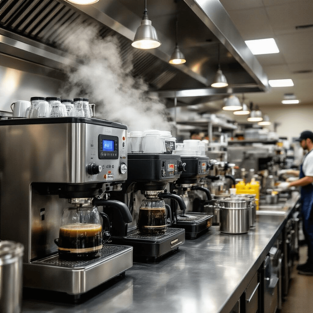 BUNN Commercial Coffee Makers: Your Complete Guide to High-Volume Brewing Excellence A bustling commercial kitchen showcasing a high-volume BUNN brewing system, with steam rising from multiple brewing stations, gleaming stainless steel surfaces, and a detailed view of the water filtration system and digital temperature controls. Efficient workers are visible in the background, highlighting the machine's speed and reliability.