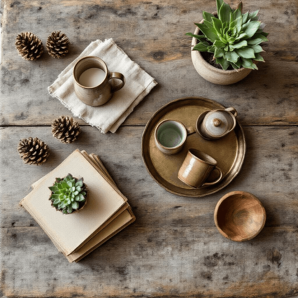 The Ultimate Guide to Farmhouse Coffee Tables: Rustic Charm Meets Modern Living An overhead view of a farmhouse coffee table styled with a distressed wooden surface, featuring a vintage brass tray with ceramic mugs, scattered pinecones, a potted succulent, a stack of frayed books, soft linen coasters, and a hand-carved wooden bowl, all bathed in soft natural light.
