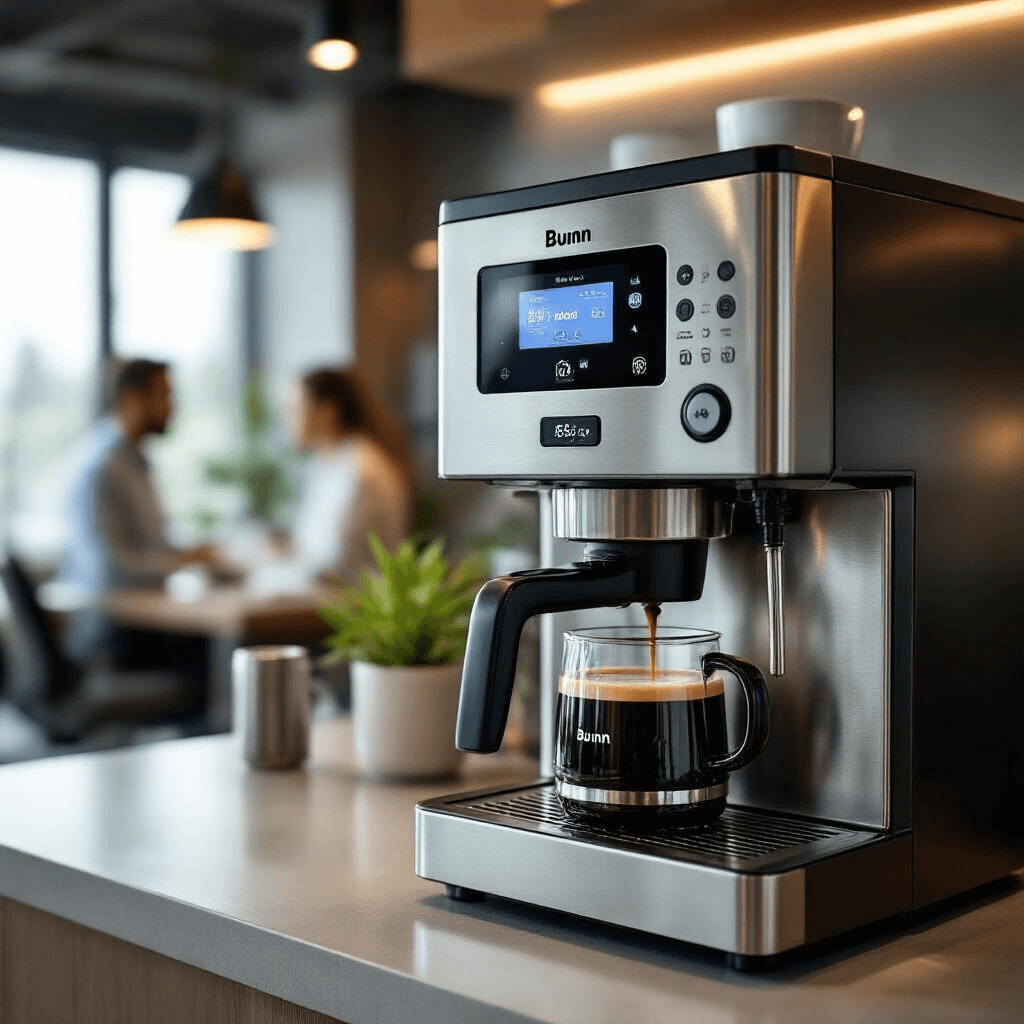 BUNN Commercial Coffee Makers: Your Complete Guide to High-Volume Brewing Excellence Stylish office break room featuring a BUNN commercial coffee maker with smart technology, RFID chip for tracking freshness, and a digital display; sleek design with soft ambient lighting and modern decor, with blurred professionals in the background.