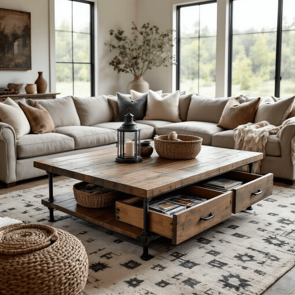 The Ultimate Guide to Farmhouse Coffee Tables: Rustic Charm Meets Modern Living A cozy cinematic living room featuring a large farmhouse coffee table with a reclaimed wood top and black metal pipe legs, surrounded by a warm taupe sectional, geometric patterned rug, and bathed in soft natural light from large windows. The table showcases partially open drawers filled with board games and throw blankets, complemented by decor items such as a woven basket and a vintage lantern.