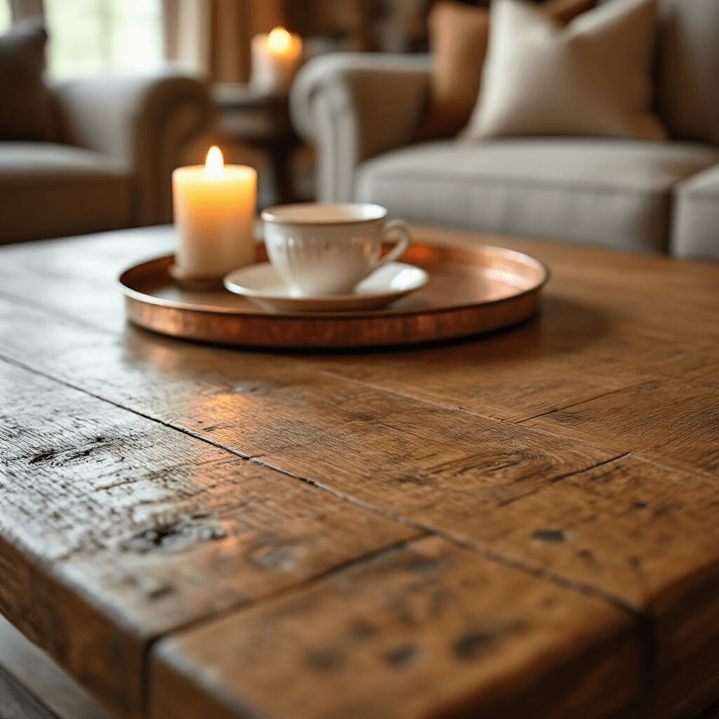 The Ultimate Guide to Farmhouse Coffee Tables: Rustic Charm Meets Modern Living Close-up of a hand-scraped oak farmhouse coffee table illuminated by candlelight, showcasing rich wood grain, subtle dings, and a warm patina. A small copper tray with delicate white porcelain contrasts against the warm tones of the table, set in a soft-focused cozy living space.