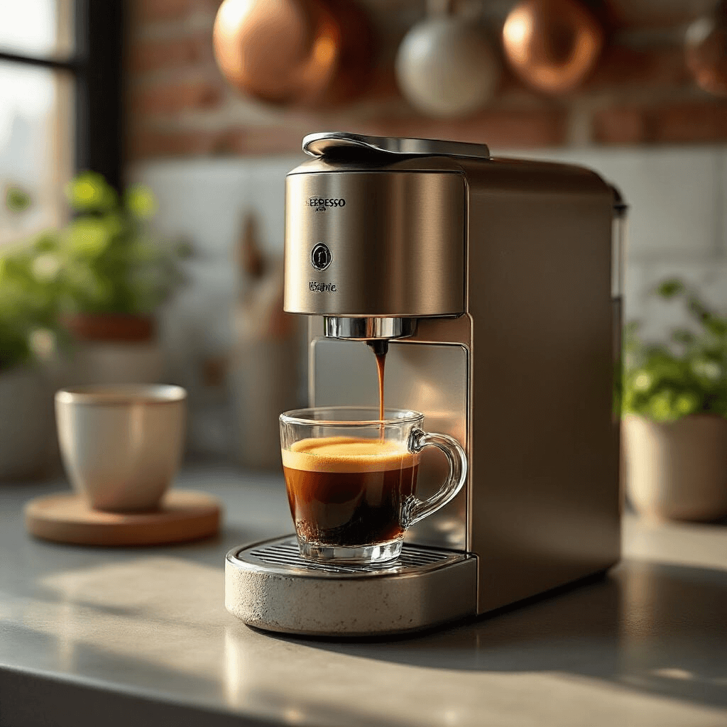 Why Your Tiny Kitchen Deserves the Perfect Small Coffee Maker (And How to Find It) Intimate, sunlit kitchen scene showcasing a Nespresso Essenza Mini espresso machine on a compact surface, with a crema-topped espresso cup on a concrete coaster, surrounded by minimalist decor and soft, moody lighting.