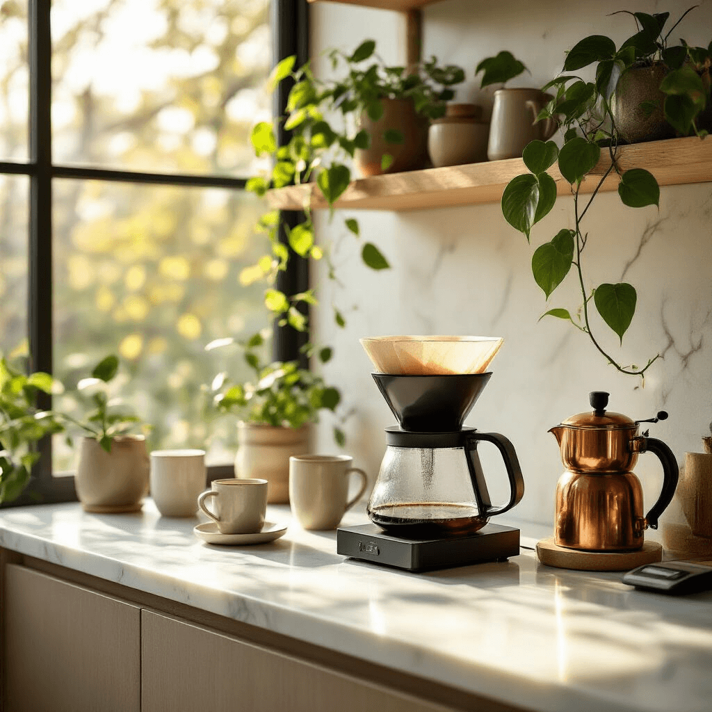 Creating the Perfect Coffee Corner in Your Home: Transform Any Space into Your Personal Café Haven A modern minimalist kitchen coffee corner featuring a white marble countertop with a matte black pour-over setup, illuminated by soft golden morning light. The scene includes a French press, vintage copper burr grinder, artisan ceramic mugs, cascaded pothos plants, brushed metallic accessories, and a small digital scale, embodying a serene morning ritual.