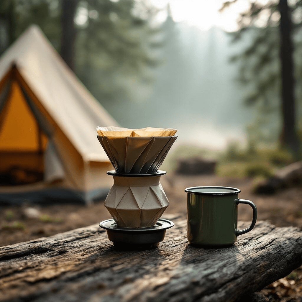 Why Your Tiny Kitchen Deserves the Perfect Small Coffee Maker (And How to Find It) Portable coffee brewing setup featuring a MiiR Pourigami dripper on a wooden surface, with a canvas tent and morning mist in the background. A vintage enamel mug rests nearby, all enveloped in soft, natural light with an earthy color palette.