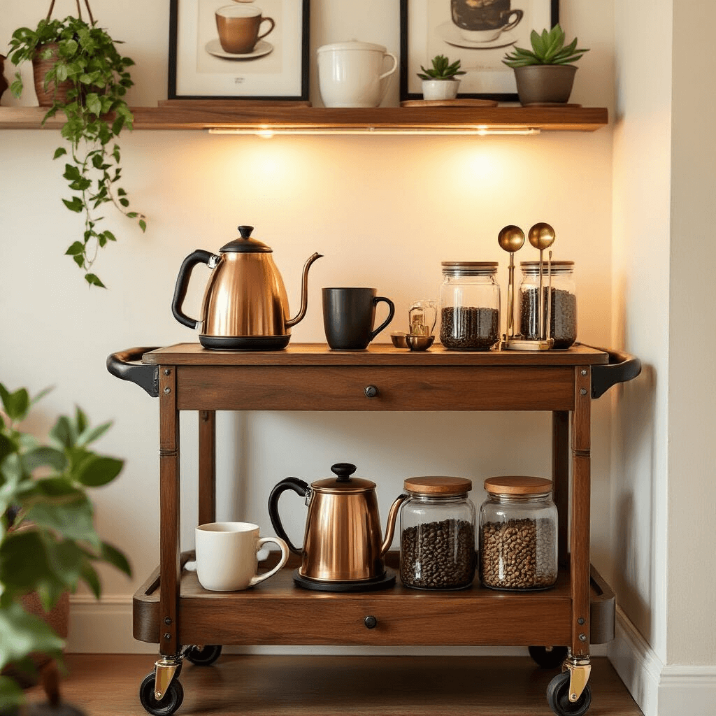 Creating the Perfect Coffee Corner in Your Home: Transform Any Space into Your Personal Café Haven An intimate coffee nook in a cozy apartment featuring a vintage rolling cart as a mobile coffee station, rich walnut surfaces, soft cream walls adorned with coffee-themed artwork, a copper kettle, French press, airtight glass containers with roasted beans, warm LED lighting, brass measuring spoons, handcrafted mugs, and trailing succulents.