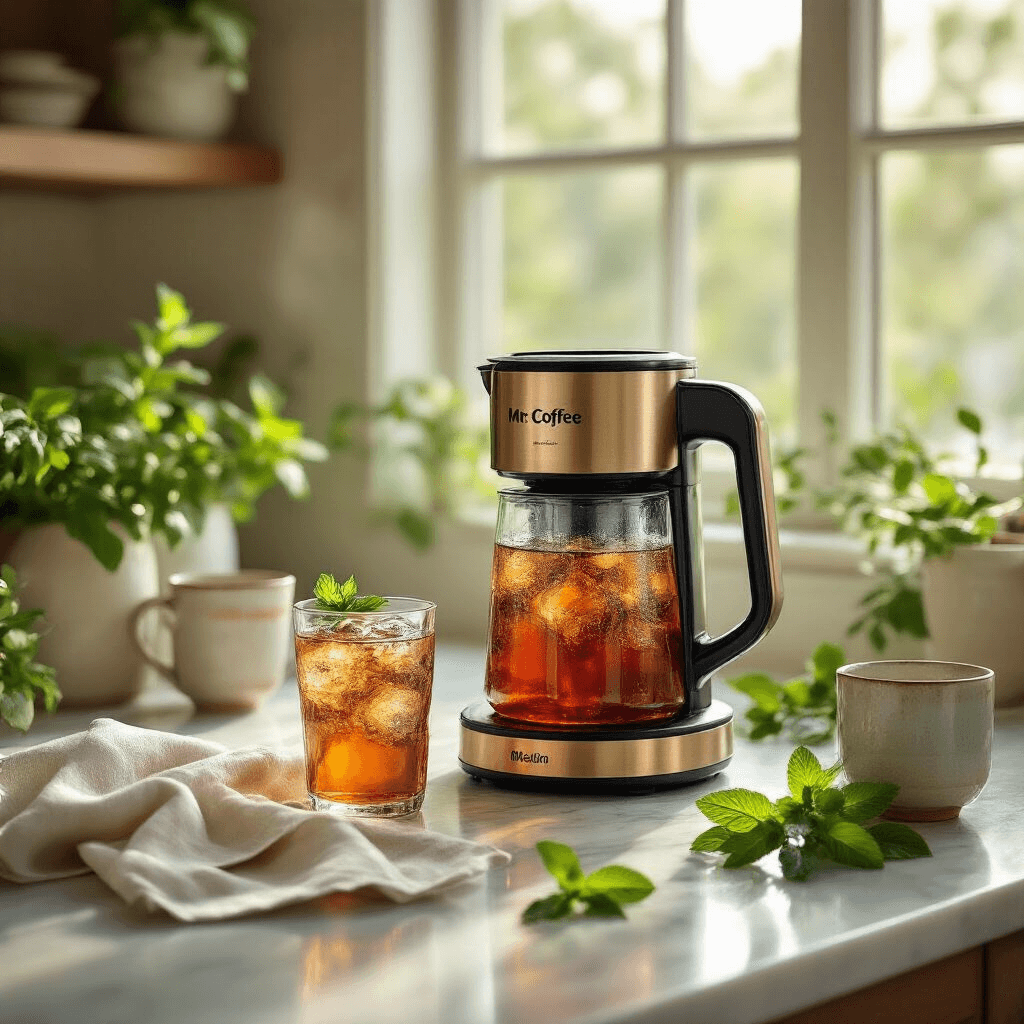 Mr. Coffee Iced Tea Maker: Why This $24 Kitchen Hero Changed My Summer Forever A golden-hour kitchen countertop featuring a Mr. Coffee iced tea maker, fresh mint, linen napkins, and artisanal ceramic glasses, with sunlight casting shadows on a marble surface and glistening condensation on a glass of iced tea garnished with mint.
