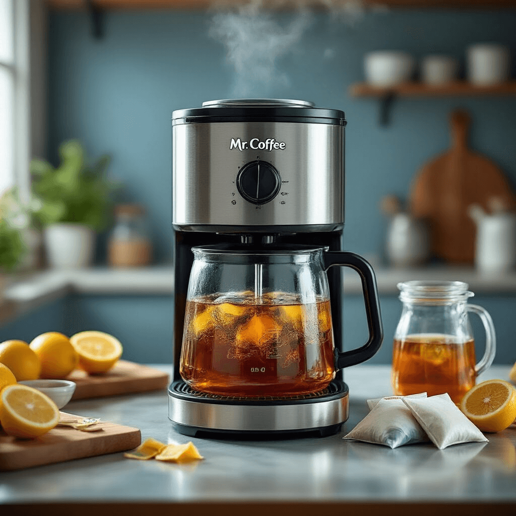 Mr. Coffee Iced Tea Maker: Why This $24 Kitchen Hero Changed My Summer Forever An intimate kitchen workspace featuring a Mr. Coffee iced tea maker in action, with tea bags arranged beside it, soft diffused lighting highlighting steam rising from the brewing process, and fresh citrus slices on a vintage wooden cutting board in the background.