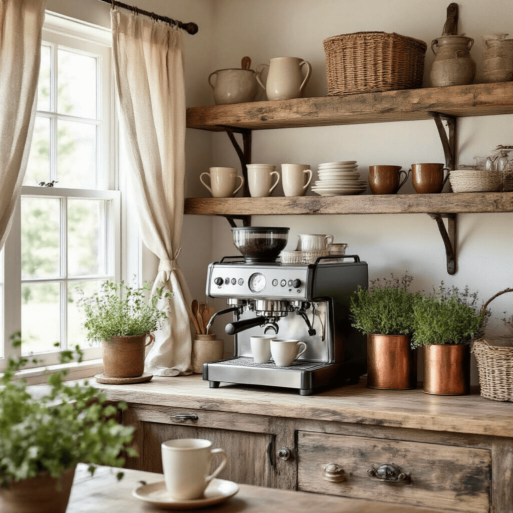 Creating the Perfect Coffee Corner in Your Home: Transform Any Space into Your Personal Café Haven A cozy farmhouse coffee corner in a bright kitchen, featuring reclaimed wood shelves, a prominent espresso machine, earthenware mugs, vintage scales, leather storage containers for coffee beans, and a small herb garden in copper planters, all illuminated by soft natural light.