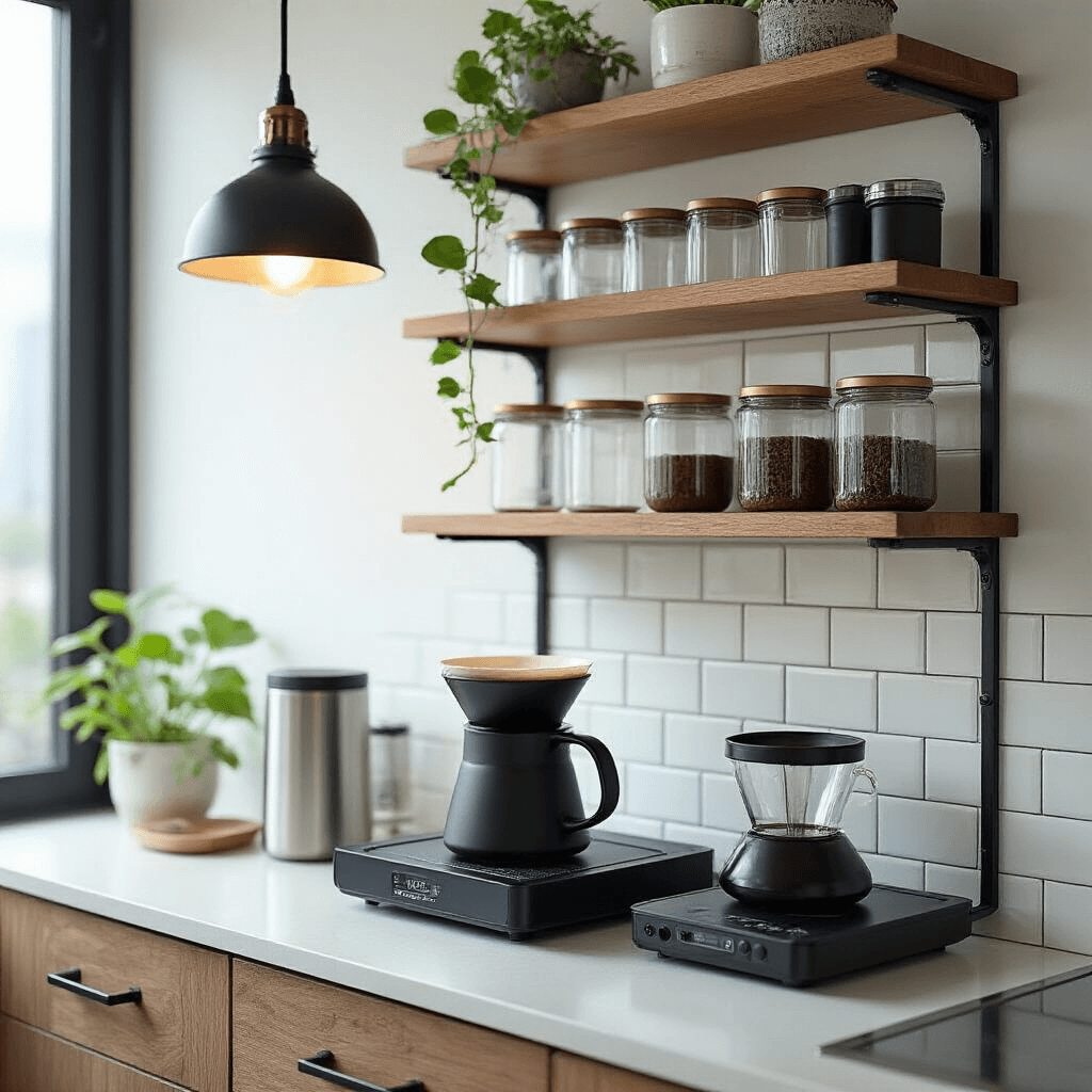 Creating the Perfect Coffee Corner in Your Home: Transform Any Space into Your Personal Café Haven A compact urban coffee station in a small apartment, featuring wall-mounted shelves, a sleek black pour-over stand, minimalist glass containers, and a precision digital scale, illuminated by a matte black pendant light with a small pothos plant adding greenery.
