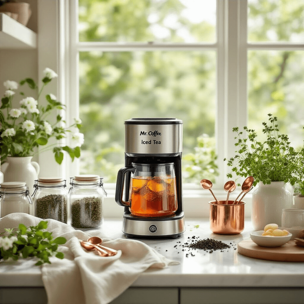 Mr. Coffee Iced Tea Maker: Why This $24 Kitchen Hero Changed My Summer Forever A bright summer kitchen scene featuring a Mr. Coffee iced tea maker at a beverage station, surrounded by glass jars of loose tea, vintage copper measuring spoons, and fresh herbs, all highlighted by natural backlighting from large windows. The image showcases layered textures of linen towels, ceramic containers, and polished marble surfaces in soft whites, sage greens, and warm neutrals.