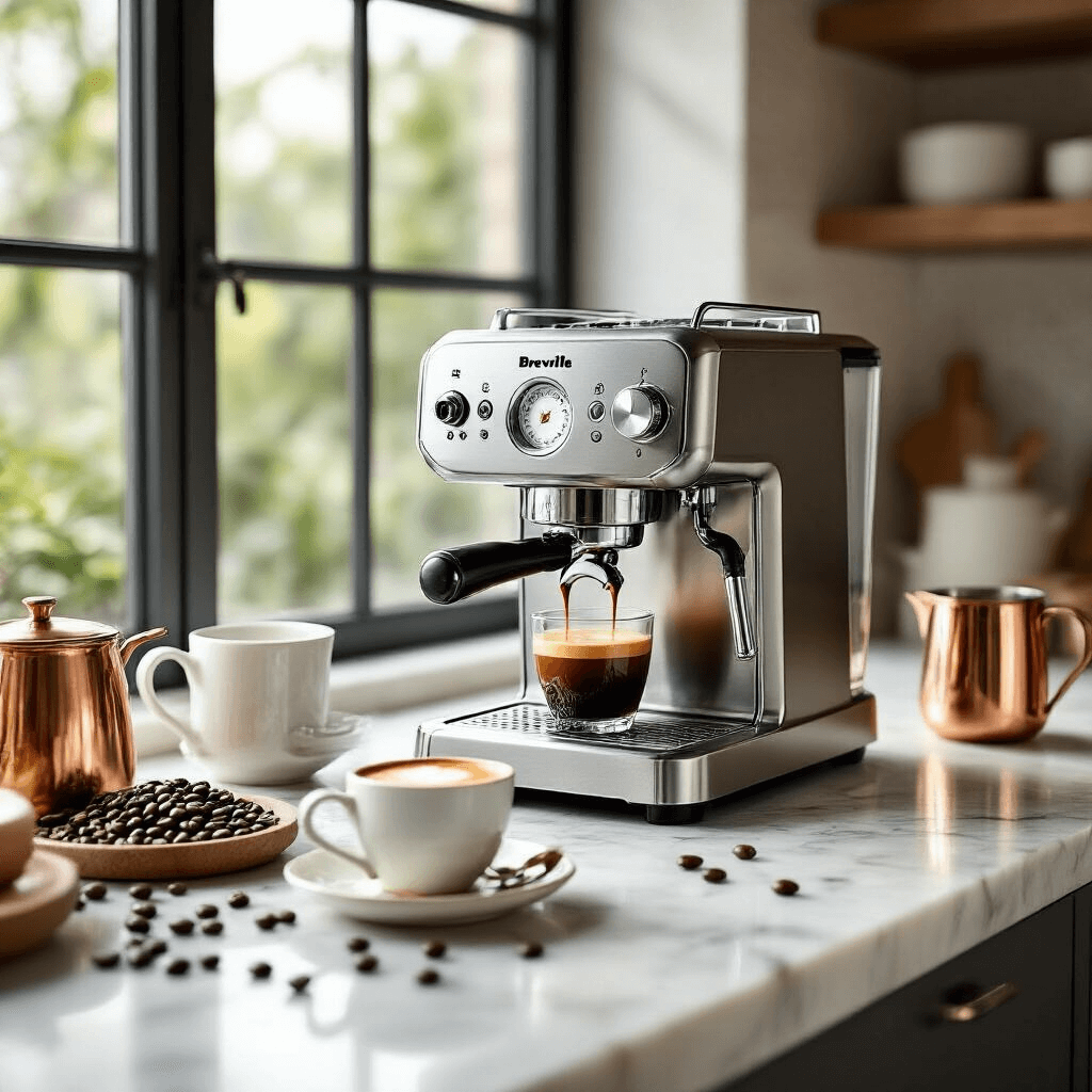 The Ultimate Guide to Finding Your Perfect Coffee Maker for Every Home and Budget A high-end kitchen featuring a sleek Breville Bambino Plus espresso machine on a marble countertop, with natural light illuminating crisp white surfaces, brushed stainless steel accents, a perfectly pulled espresso shot, artisan coffee beans, a copper milk pitcher, and delicate ceramic cups, all enhanced by soft overhead lighting.