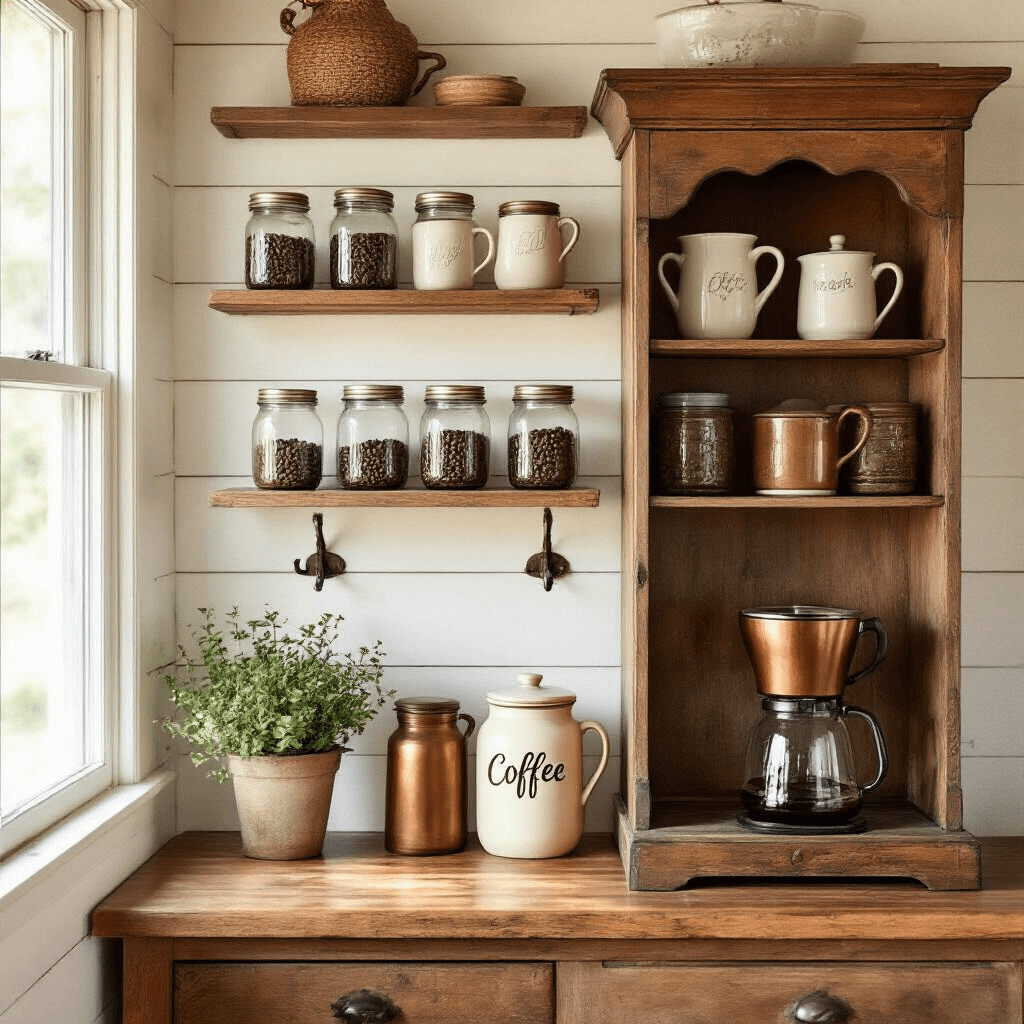 Why I Built the Perfect Farmhouse Coffee Bar (And How You Can Too) A cozy farmhouse kitchen bathed in golden hour light, featuring a vintage wooden hutch coffee bar, white shiplap walls, rustic floating shelves with mason jars of coffee beans, a copper coffee maker, and a small herb plant, all set against warm terracotta and cream tones, with a faded vintage runner on hardwood floors.