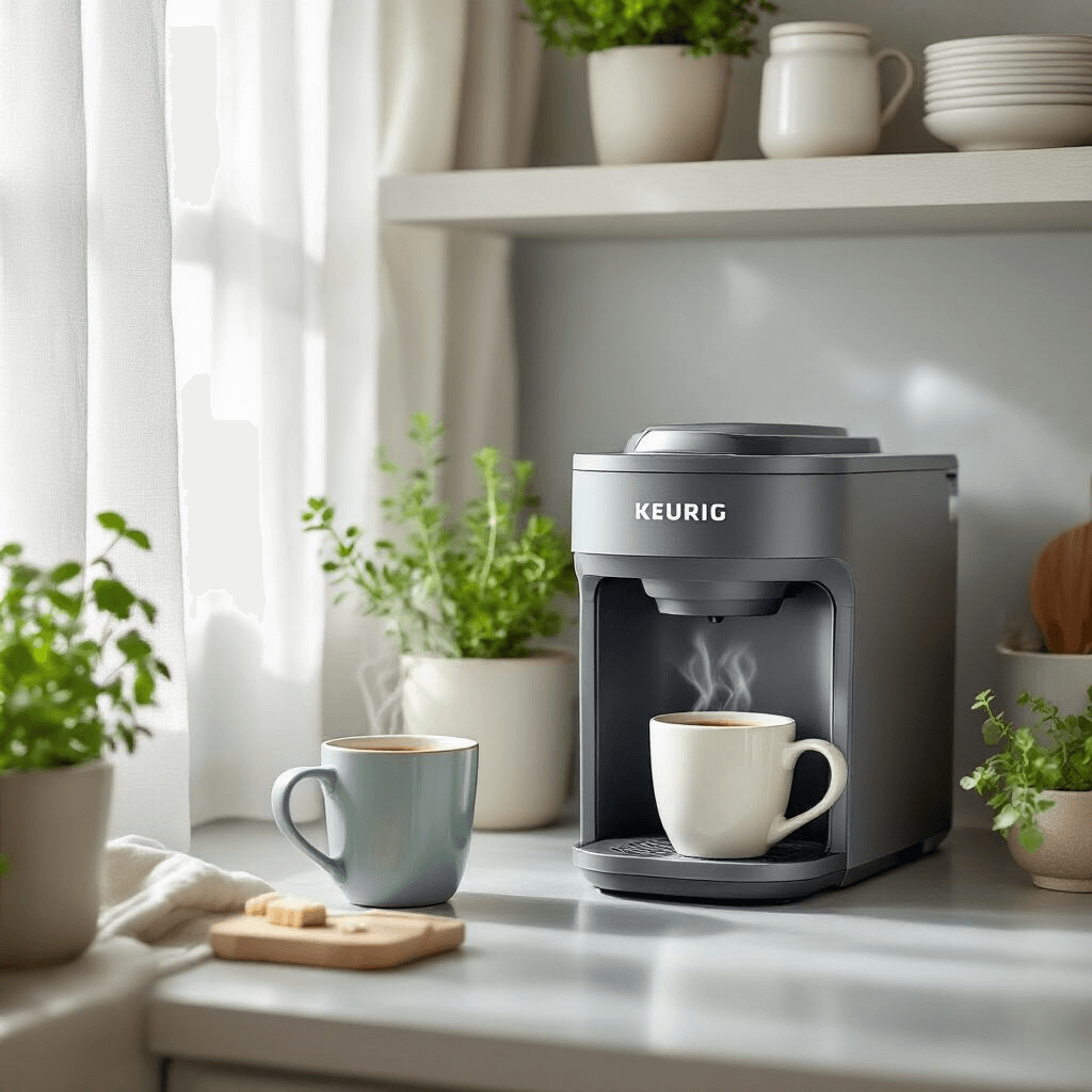 The Ultimate Guide to Finding Your Perfect Coffee Maker for Every Home and Budget A cozy studio apartment kitchen featuring a compact Keurig K-Mini Plus in a corner, illuminated by soft morning light; a steaming coffee mug is nearby amidst minimalist decor, potted herbs, and a well-organized counter in a muted color palette of whites and soft blues.